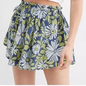 Floral Print Blue & Olive Smocked Waist Mini Skirt
